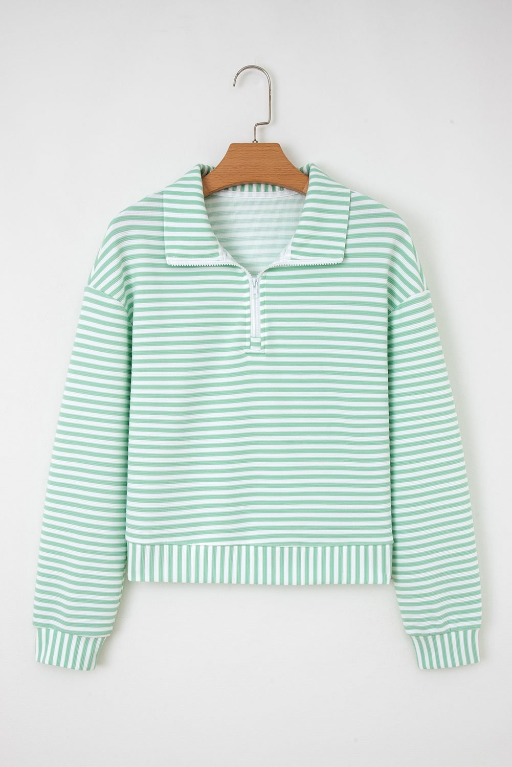 Green Stripe Quarter Zip Collar Pullover Long Sleeve Top