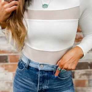 White Mesh Patchwork Long Sleeve Bodysuit