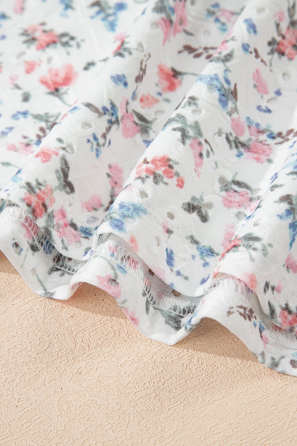 White Floral Print Textured Square Neck Slim Fit Long Sleeve Top