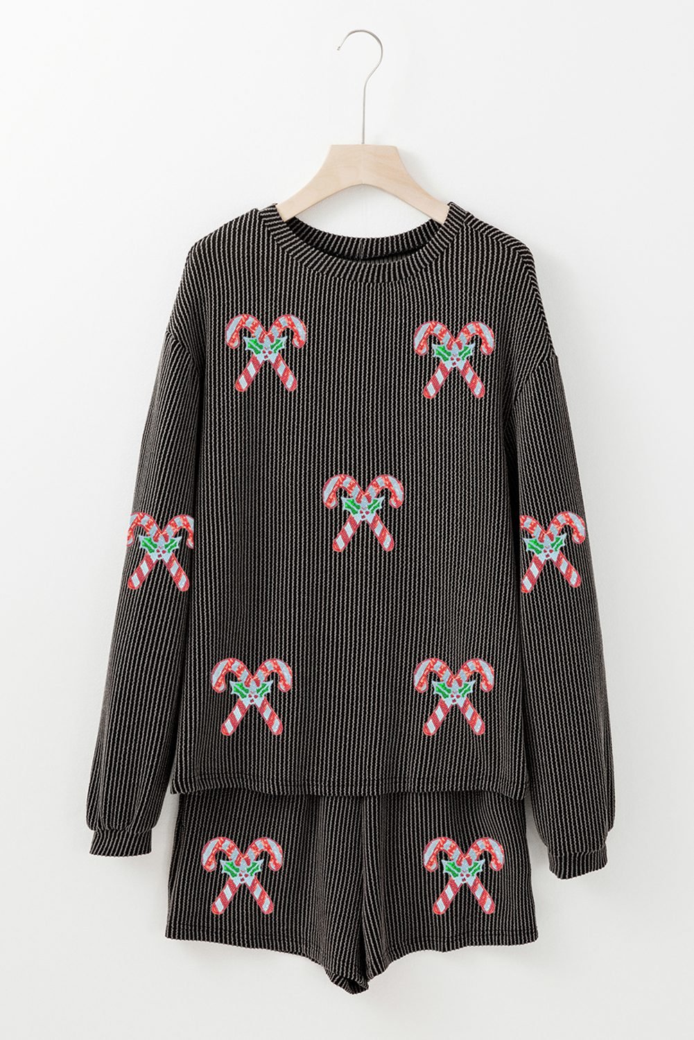 Carbon Grey Twisted Ribbed Sequin Holly Candy Cane Long Sleeve Top And Shorts 2Pcs Outfit
