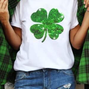White Sequin Clover Patch Graphic St Patrick Fashion Tee