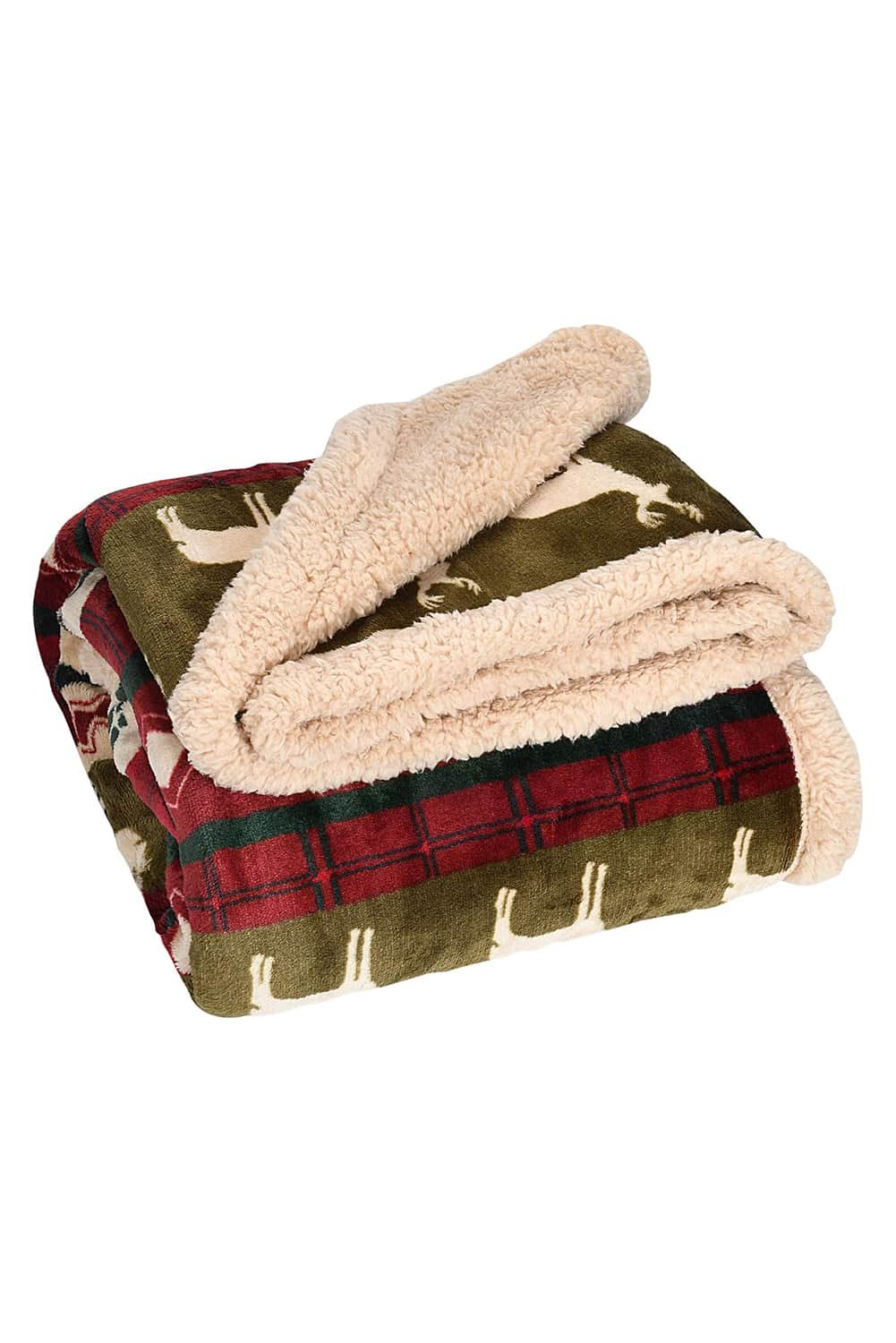 Dark Green Christmas Elk Print Reversible Sherpa Fleece Blanket 130*150Cm
