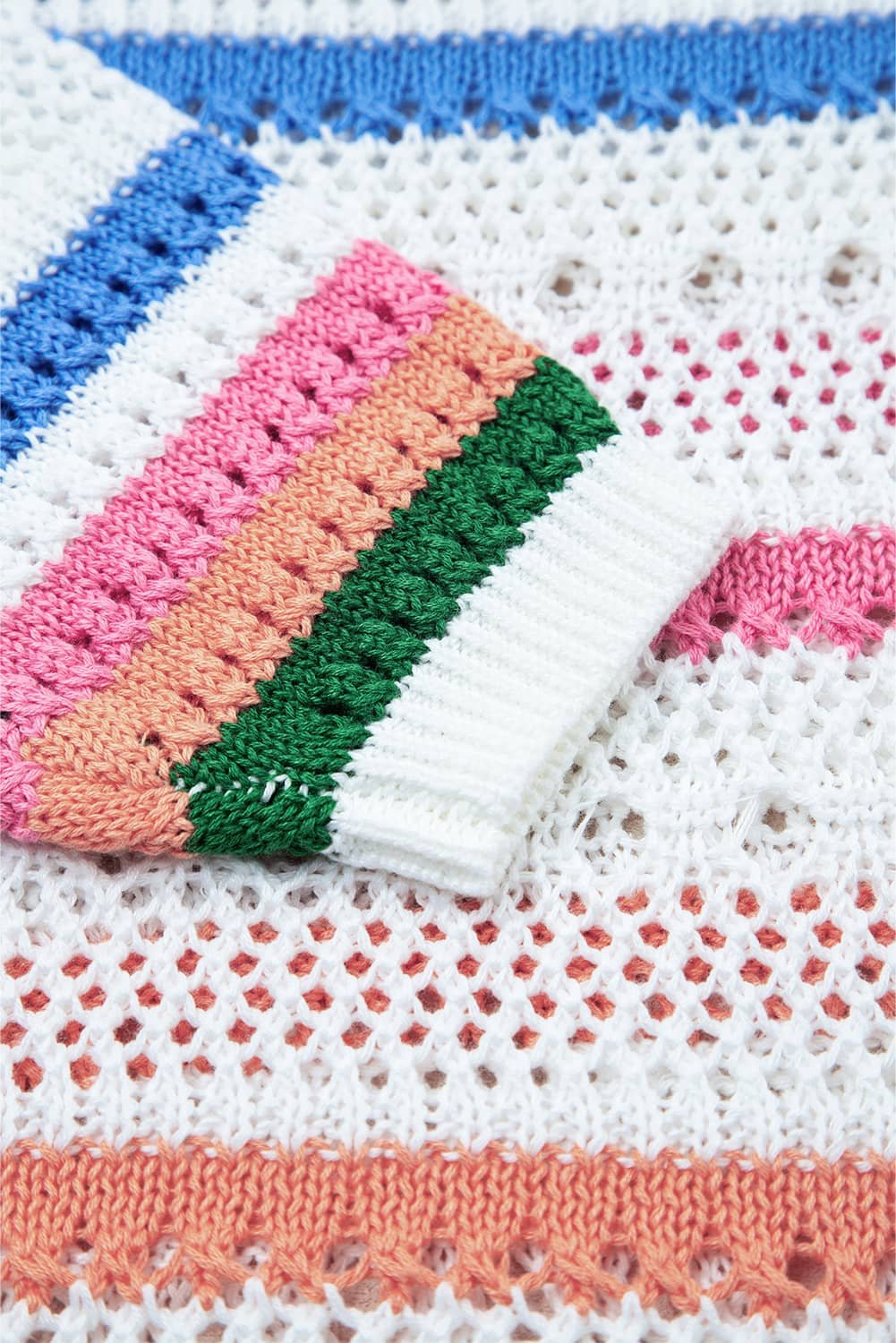 White Color Block Striped Pointelle Knit Sweater