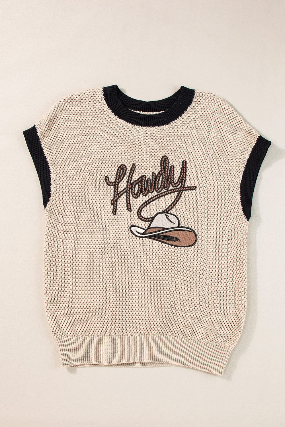 Light French Beige Howdy Cowboy Hat Embroidered Short Sleeve Sweater