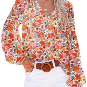 Orange Floral Print V Neck Long Puff Sleeve Top