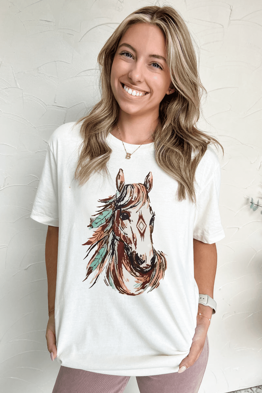 White Western Aztec Horse Graphic Crewneck Tee
