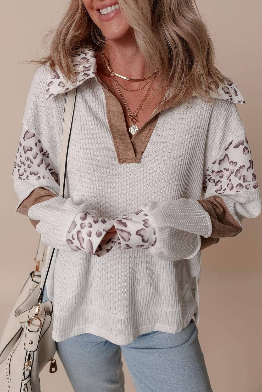 White Leopard Patchwork Turn-Down Collar Waffle Top