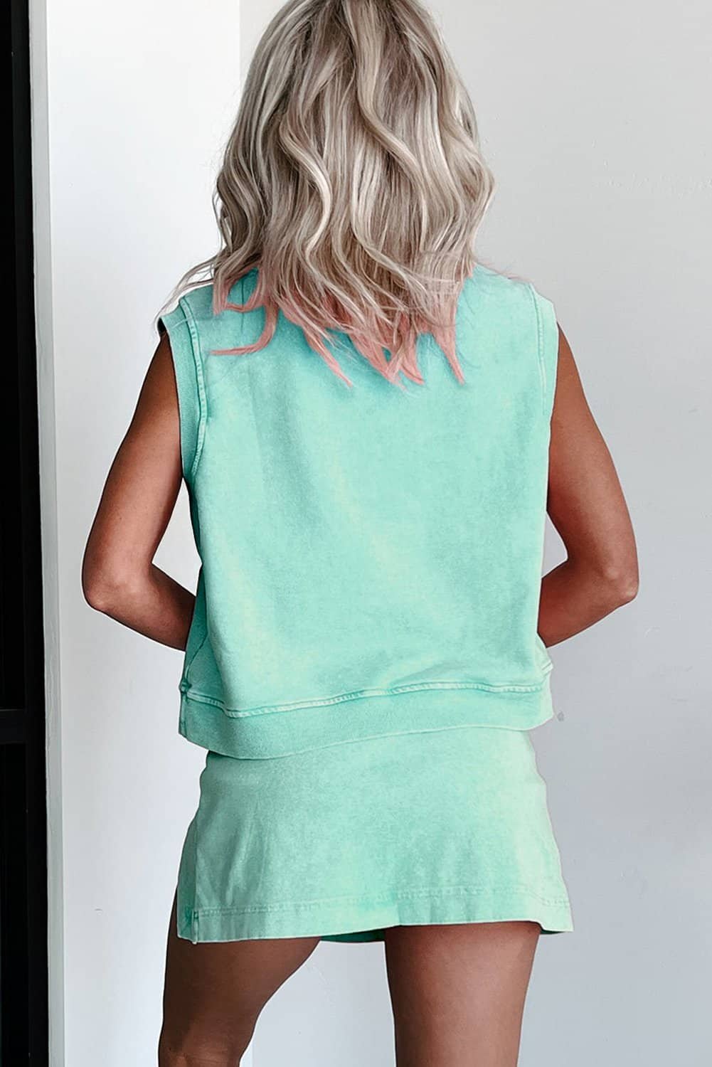 Mint Green 2 Pieces Mineral Wash Cotton Tank Top Lined Split Skirt Set