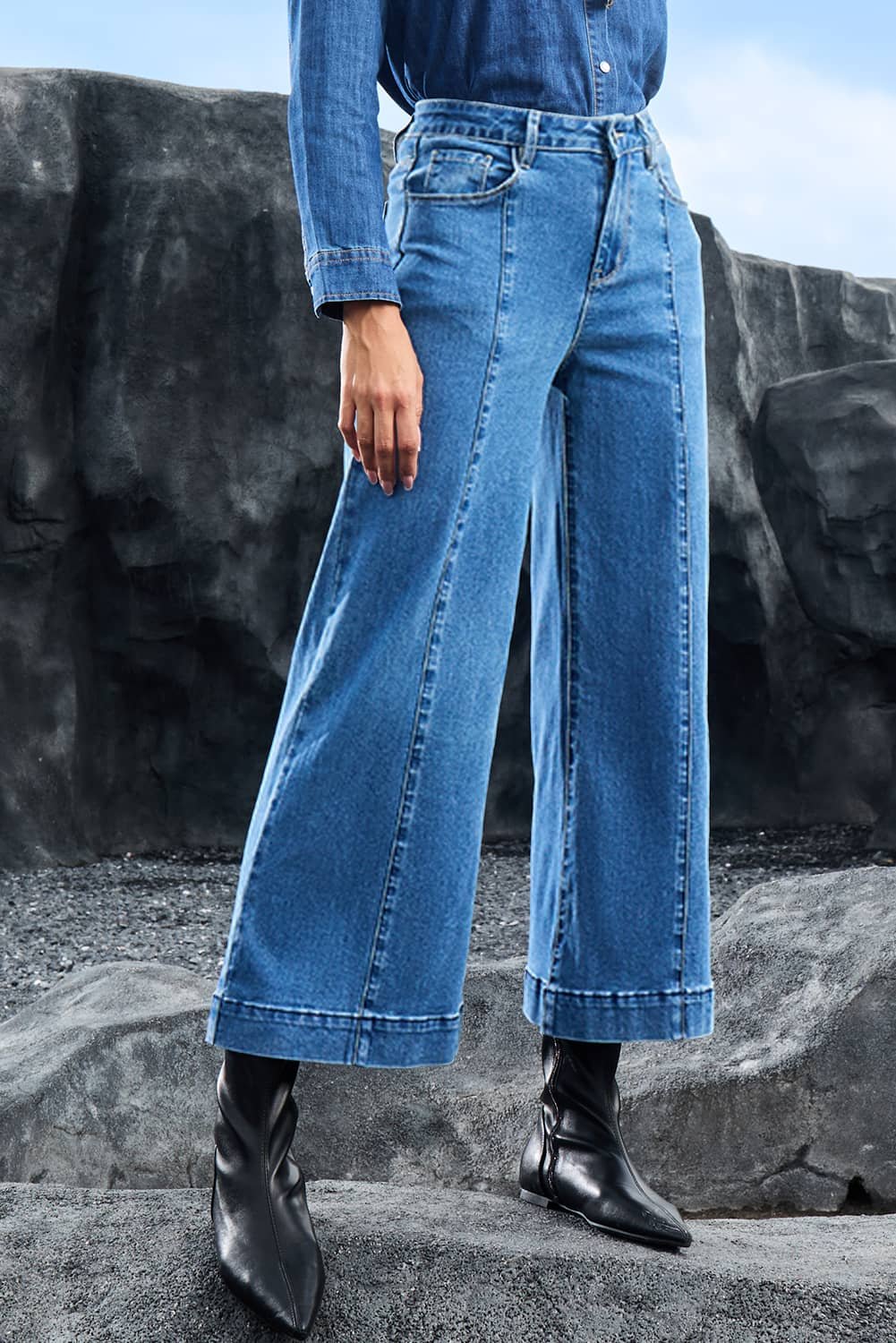 Dark Blue Plain Seam Detail Flared Bottom Ankle Length Jeans