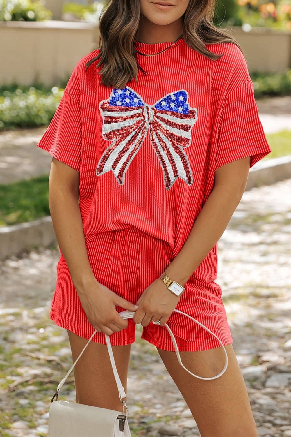 Orange Independence Day Sequin Bow Graphic Twist Rib Textured Short Set