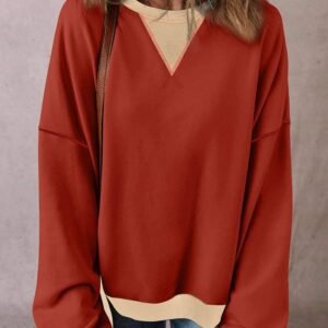 Red Clay Color Block Patch Drop Shoulder Oversized Sweatshirt