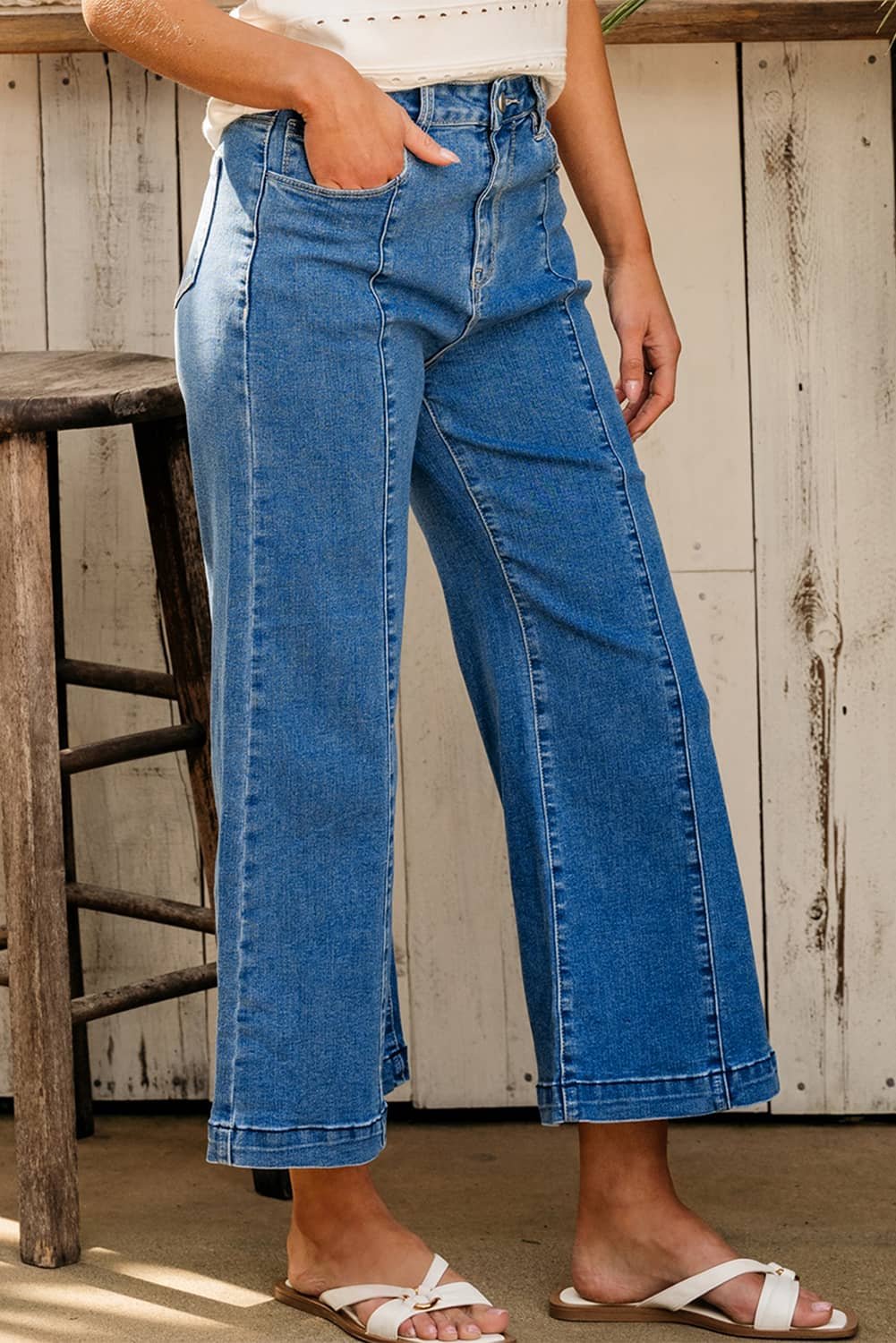 Dark Blue Plain Seam Detail Flared Bottom Ankle Length Jeans