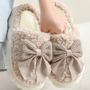 Camel Contrast Bowknot Applique Plush Winter Slippers (Bow Colors May Differ By Batch)