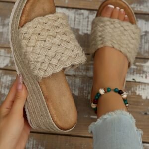 Smoke Gray Woven Wide Band Platform Slippers