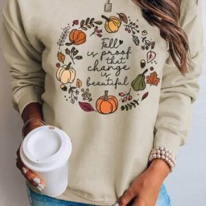 Khaki Fall Vibe Pumpkin Print Round Neck Sweatshirt