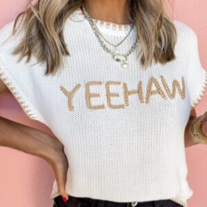 White Knitted Yeehaw Stitch Edge Crew Neck Sweater T Shirt