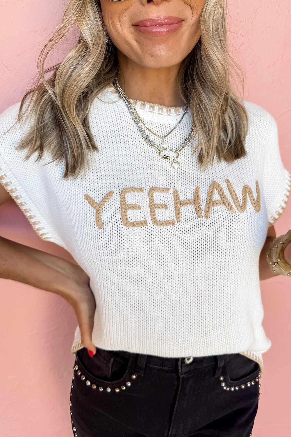 White Knitted Yeehaw Stitch Edge Crew Neck Sweater T Shirt