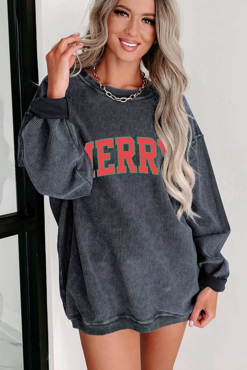 Gray Merry Graphic Corded Pullover Sweatshirt