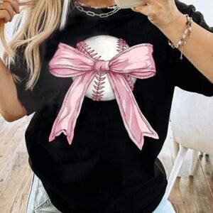Black Baseball Bow Knot Print Round Neck T Shirt