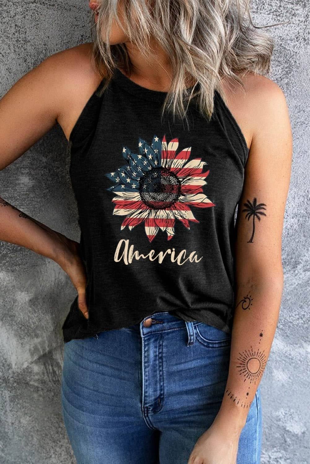 Black America Stars And Stripes Sunflower Tank Top