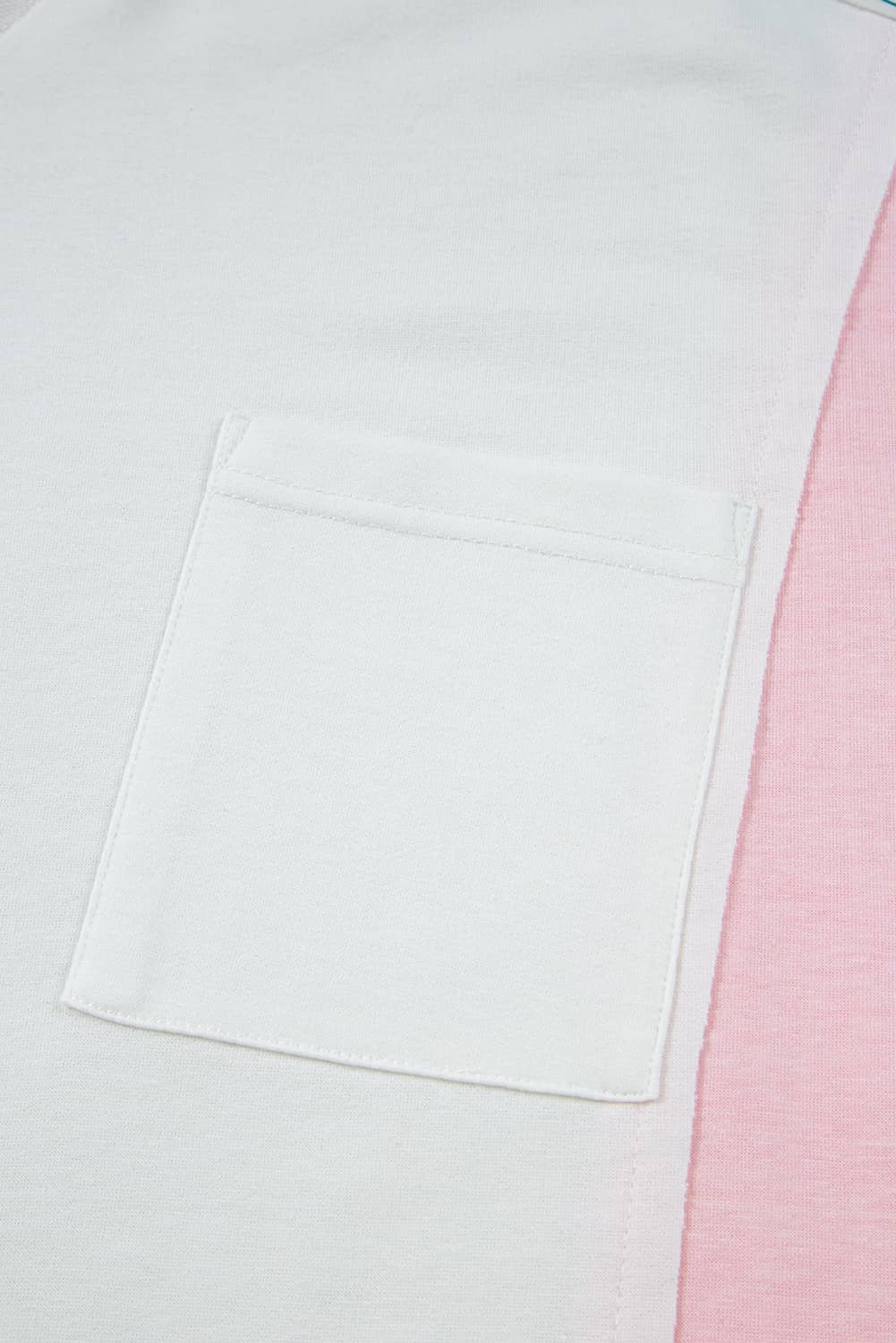 White Floral Colorblock Patchwork Chest Pocket Notched Neck Long Sleeve Top