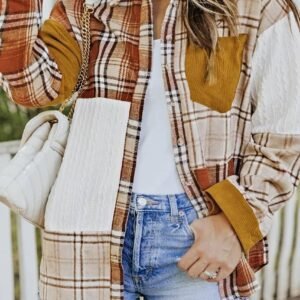 Gold Brick Plus Size Plaid Patchwork Button Up Shacket