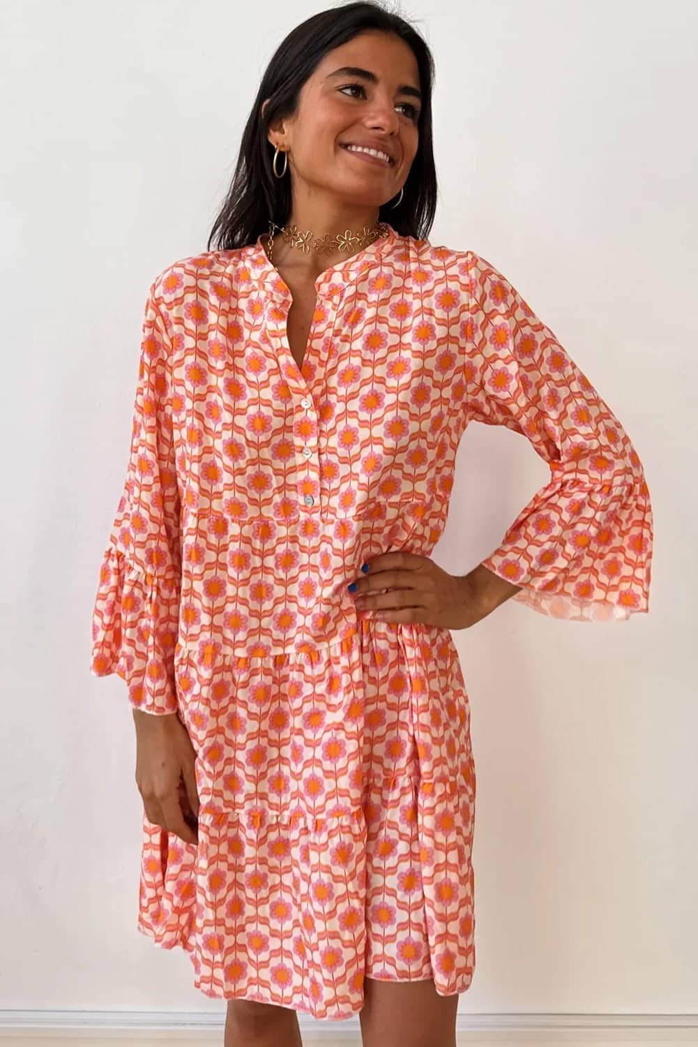 Orange Floral Print Flounce Sleeve Buttoned Front Mini Dress