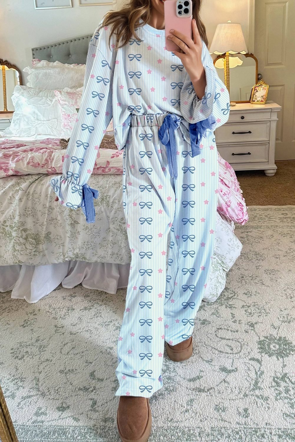 Sky Blue Stripe Bow Star Print Tied Detail 2Pcs Lounge Set
