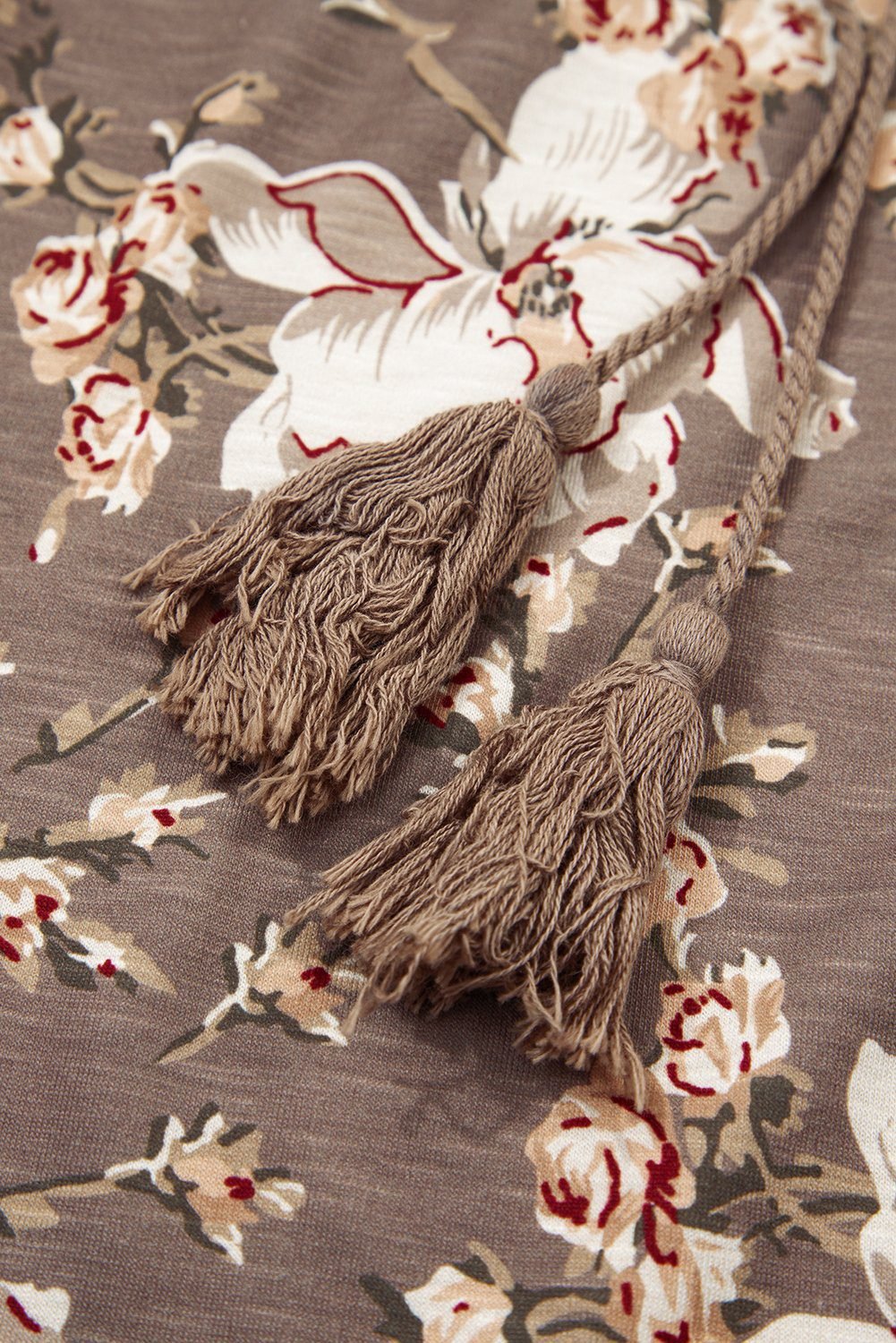 Khaki Retro Floral Print Tassel Tie Split Neck Short Sleeve Blouse