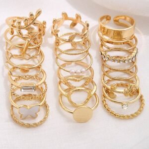 Gold Butterfly Vines Hollowed Heart Geometric 24-Piece Ring Set