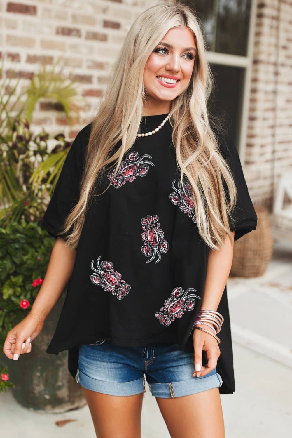 Black Sequin Crawfish Graphic High Low Loose T Shirt