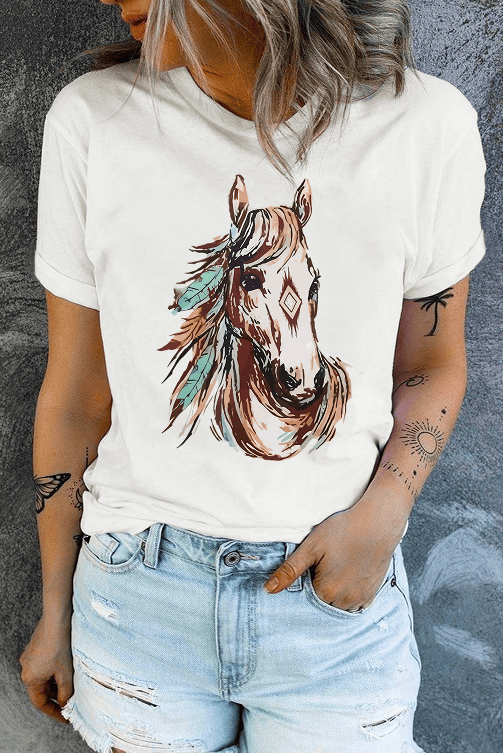 White Western Aztec Horse Graphic Crewneck Tee