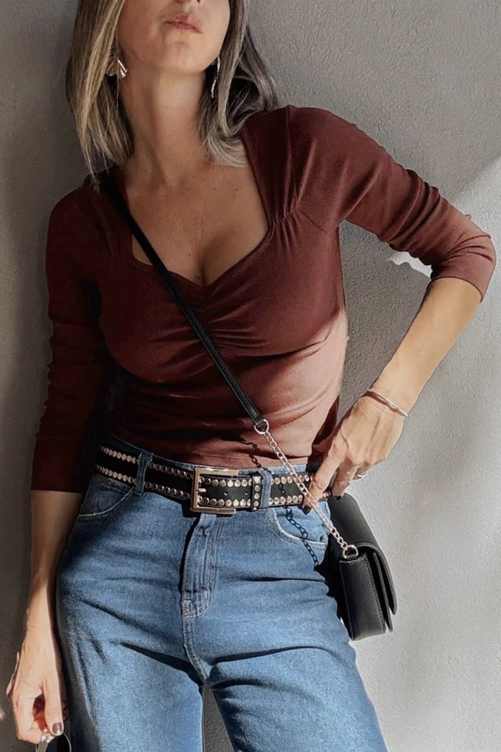 Burgundy Gathered Bust Square Neck Ribbed Fit Long Sleeve Top