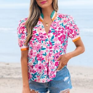Pink Floral Print Contrast Striped Detail Short Sleeve Blouse
