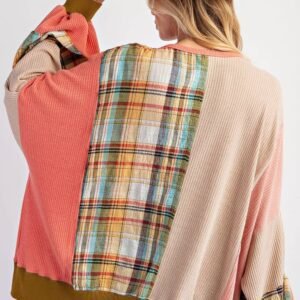 Multicolour Waffle Knit Plaid Patchwork Side Slits Loose Sweatshirt