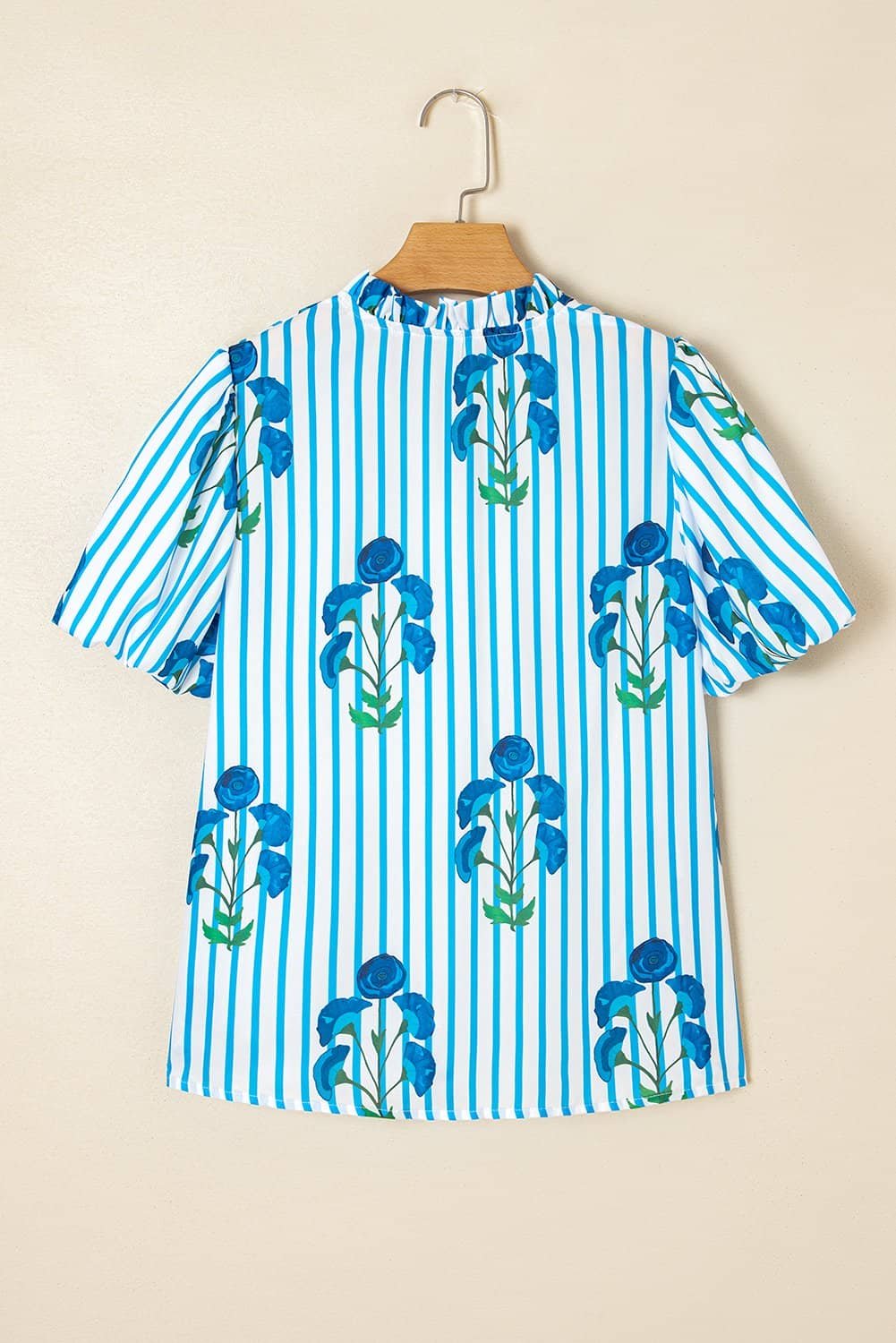 Sky Blue Stripe Floral Buttoned Frilly Notched Neck Puff Sleeve Summer Blouse