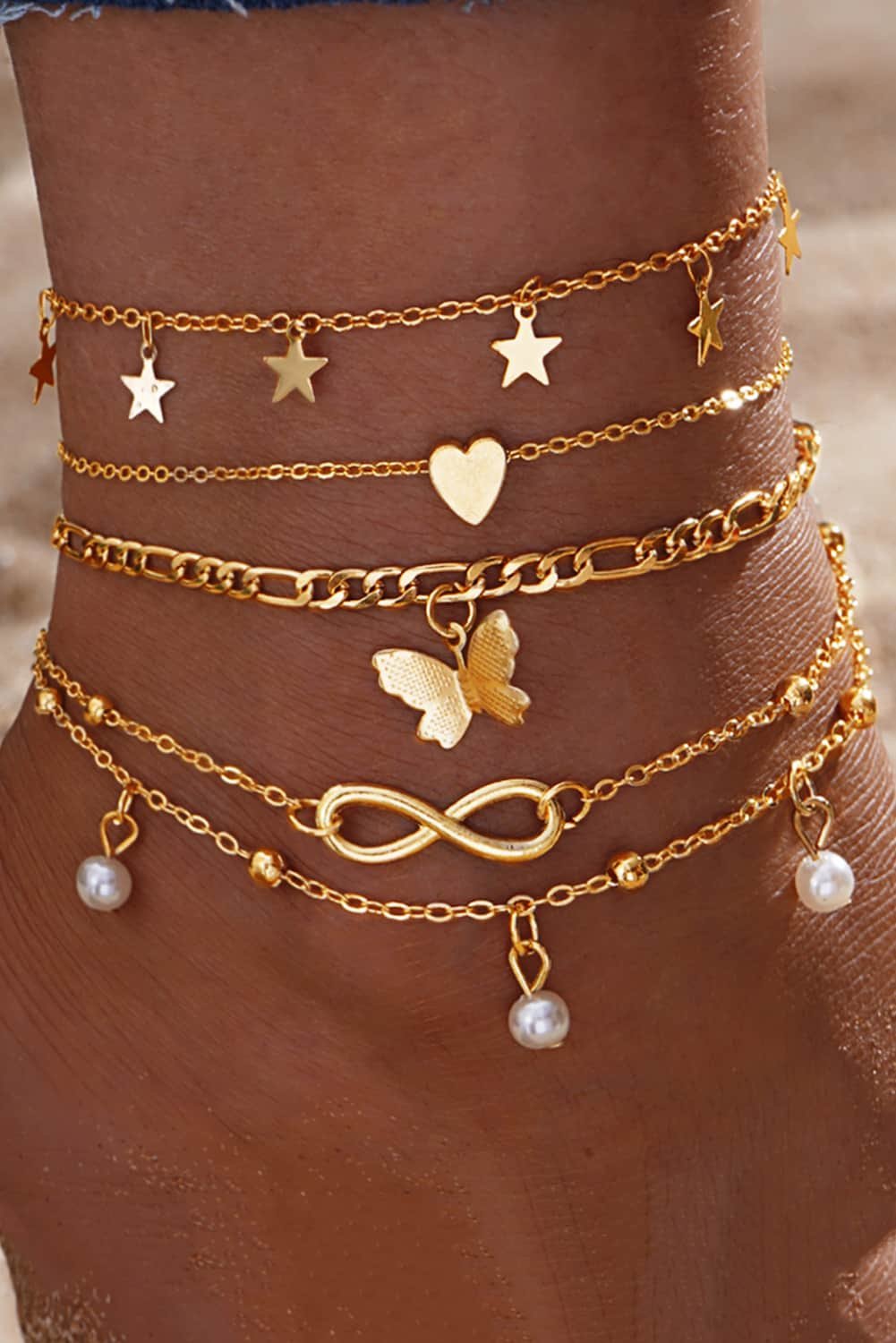 Gold Pearl Butterfly Multi-Layer Pendant Anklet