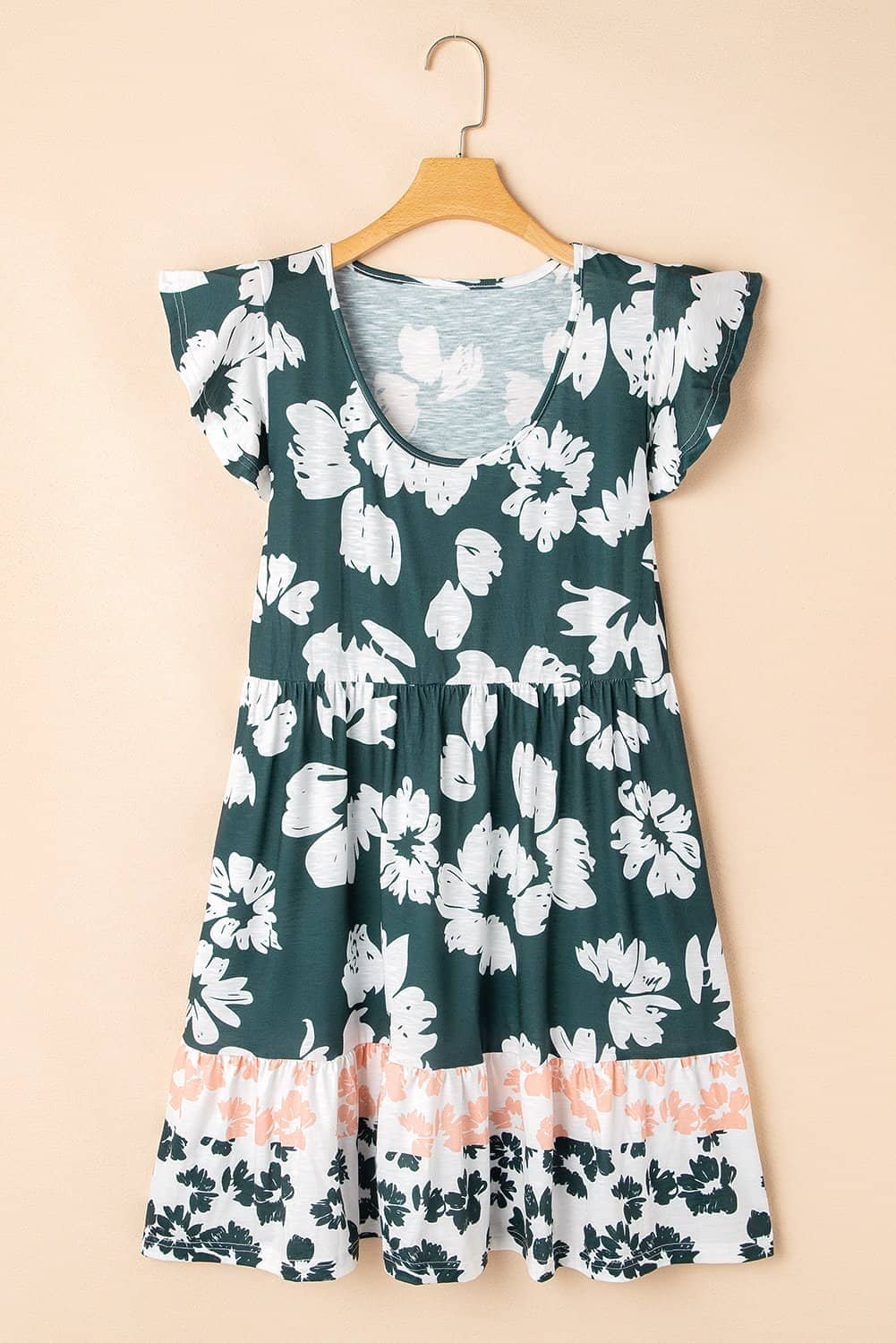 Green Floral Print Ruffle Sleeve Empire Waist Mini Dress