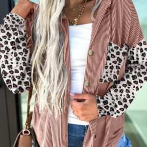 Dark Khaki Leopard Patched Twisted Ribbed Western Casual Shacket