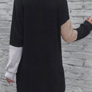 Black Ribbed Color Block Drop Shoulder Long Sleeve Mini Dress