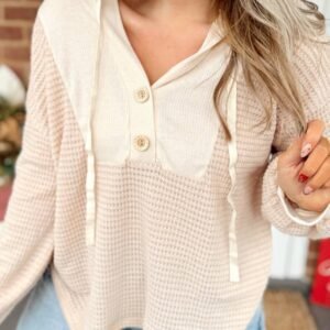 Oatmeal Waffle Patchwork Drop Shoulder Hooded Long Sleeve Top