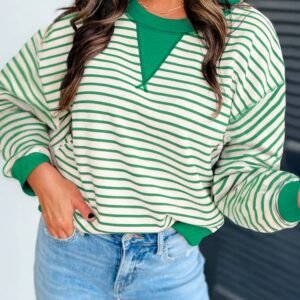 Bright Green Striped Exposed Seam Patchwork Loose Pullover Top