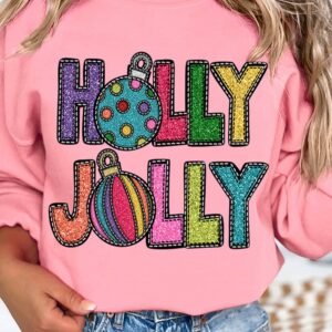 Pink Holly Jolly Christmas Festive Letter Graphic Sweatshirt