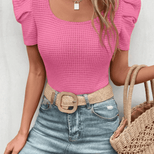 Bright Pink Waffle Knit Ruched Puff Sleeve Top