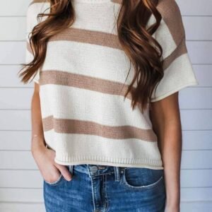 Khaki Stripe Dropped Short Sleeve Lightweight Knitted Top