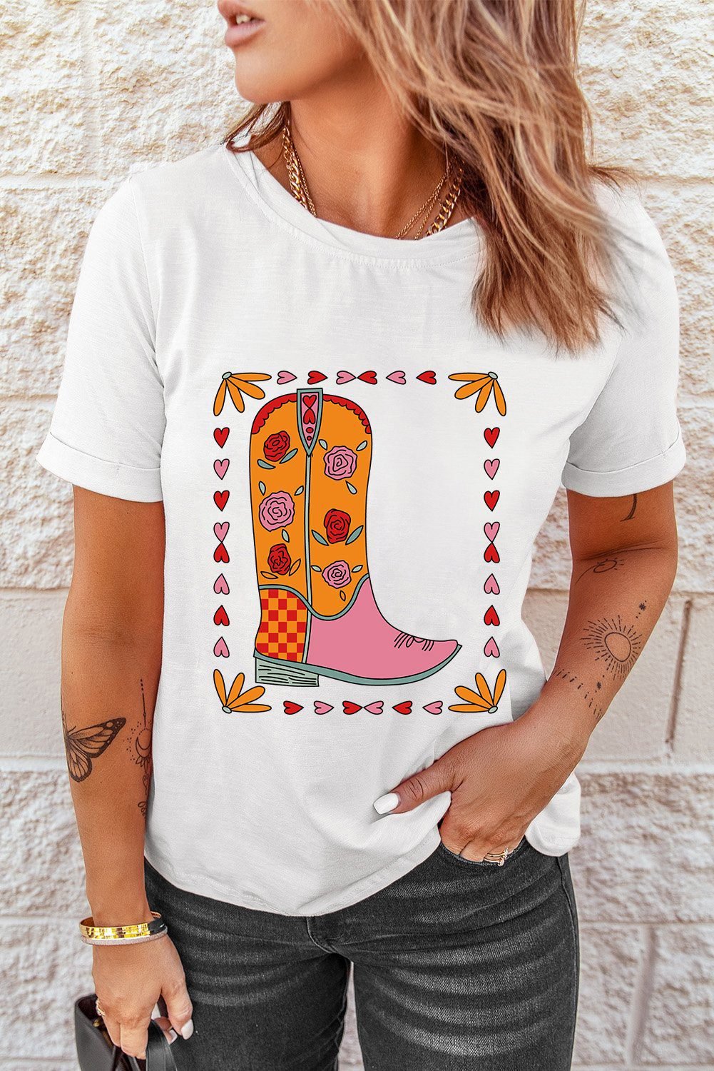 White Floral Cowgirl Boots Printed Casual T Shirt