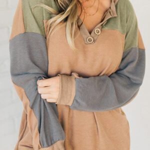 Buckskin Color Block Thermal Textured Knit Drop Shoulder Henley Top