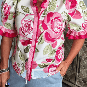 Rose Plus Size Floral Print Frilled Stripes Detail Short Sleeve Blouse