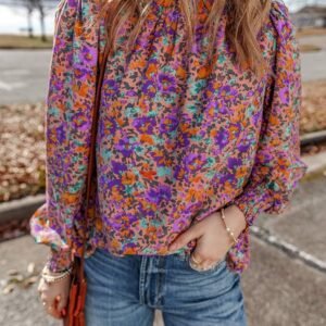 Purple Floral Allover Print Shirred Cuff Frilled O Neck Blouse