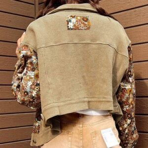 Khaki Waffle Knit Floral Print Patchwork Button Up Jacket
